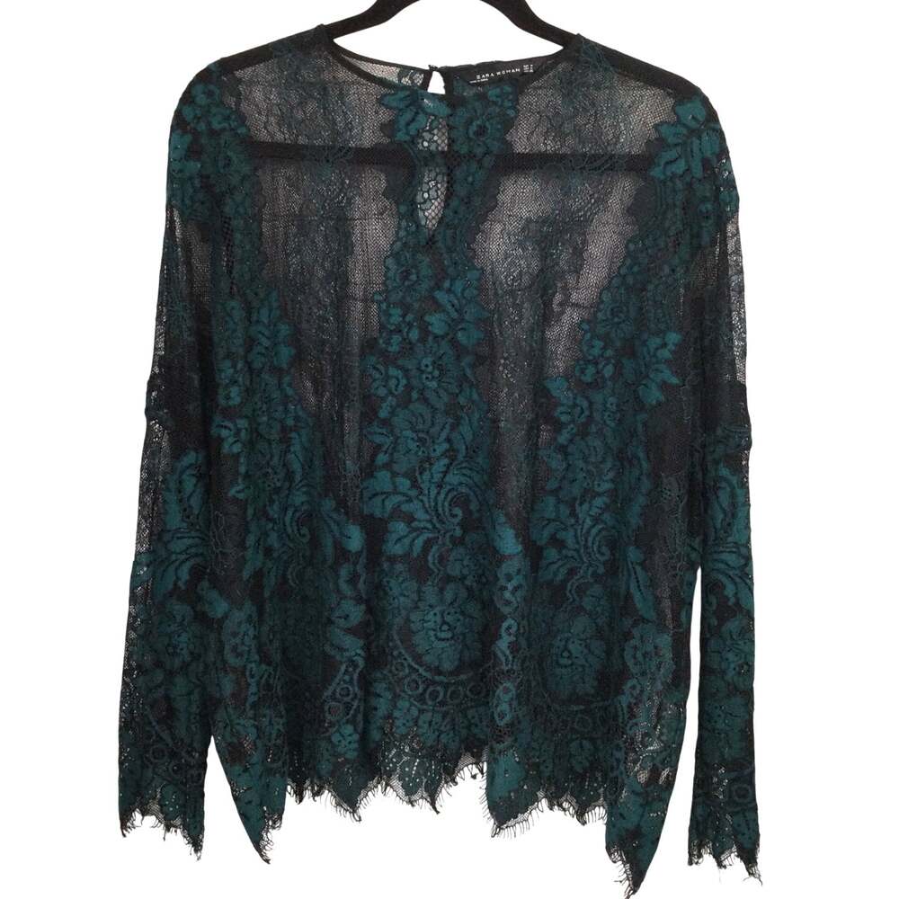 Zara Woman Whimsygoth Gothic Romantic Lace Sheer Green Floral Raw Hem Top M